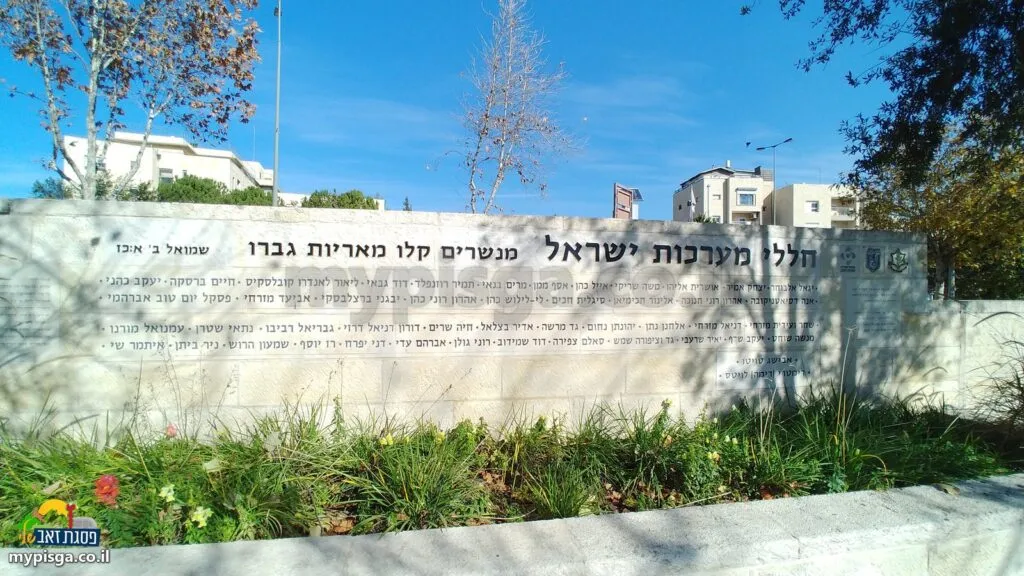 קיר אבן ארוך ונמוך, ועליו הכותרת "חללי מערכות ישראל", הפסוק "מנשרים קלו מאריות גברו" ושורות של שמות חרוטים. מימין לכותרת שלושה סמלים, ומלפנים ערוגה של עשבים ופרחים צהובים ואדומים. ברקע עצים ובניינים תחת שמיים כחולים