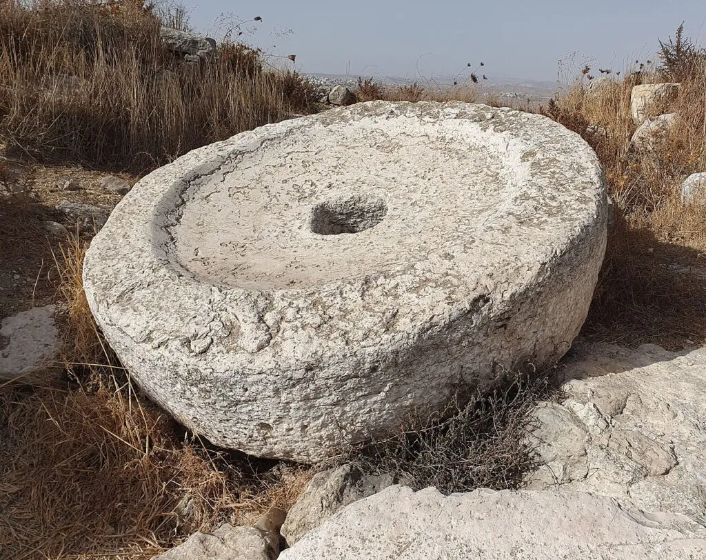 אבן עגולה וגדולה עם חור במרכז, מונחת על סלע בין עשב יבש בחורבת כעכול