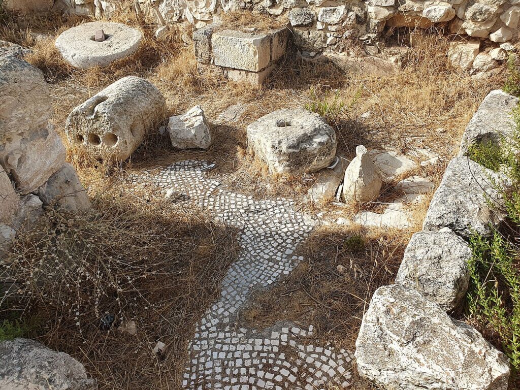 שרידי רצפת פסיפס לבנה במנזר הצבאים, ולידה אבנים עגולות עם חור במרכז מבית בד עתיק